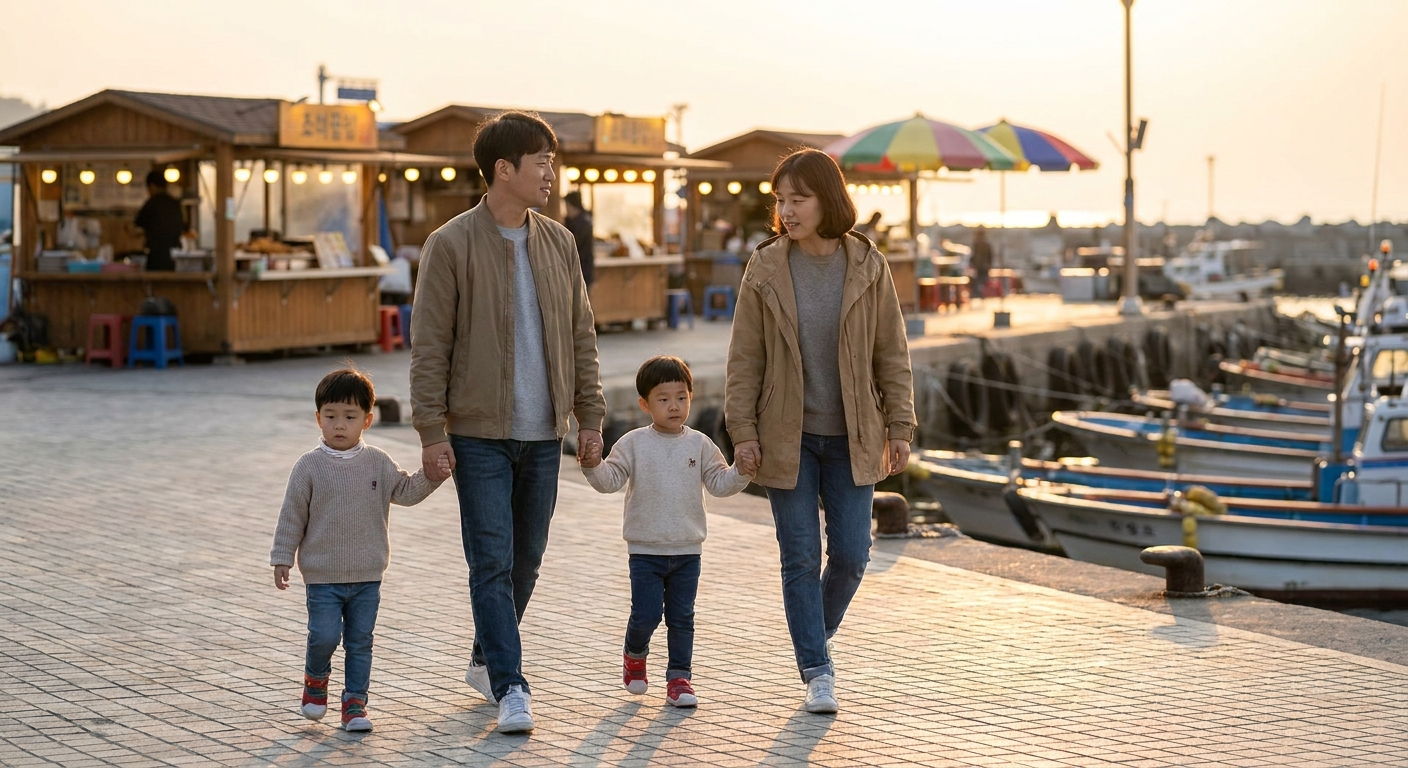바닷가 산책로를 걷는 가족