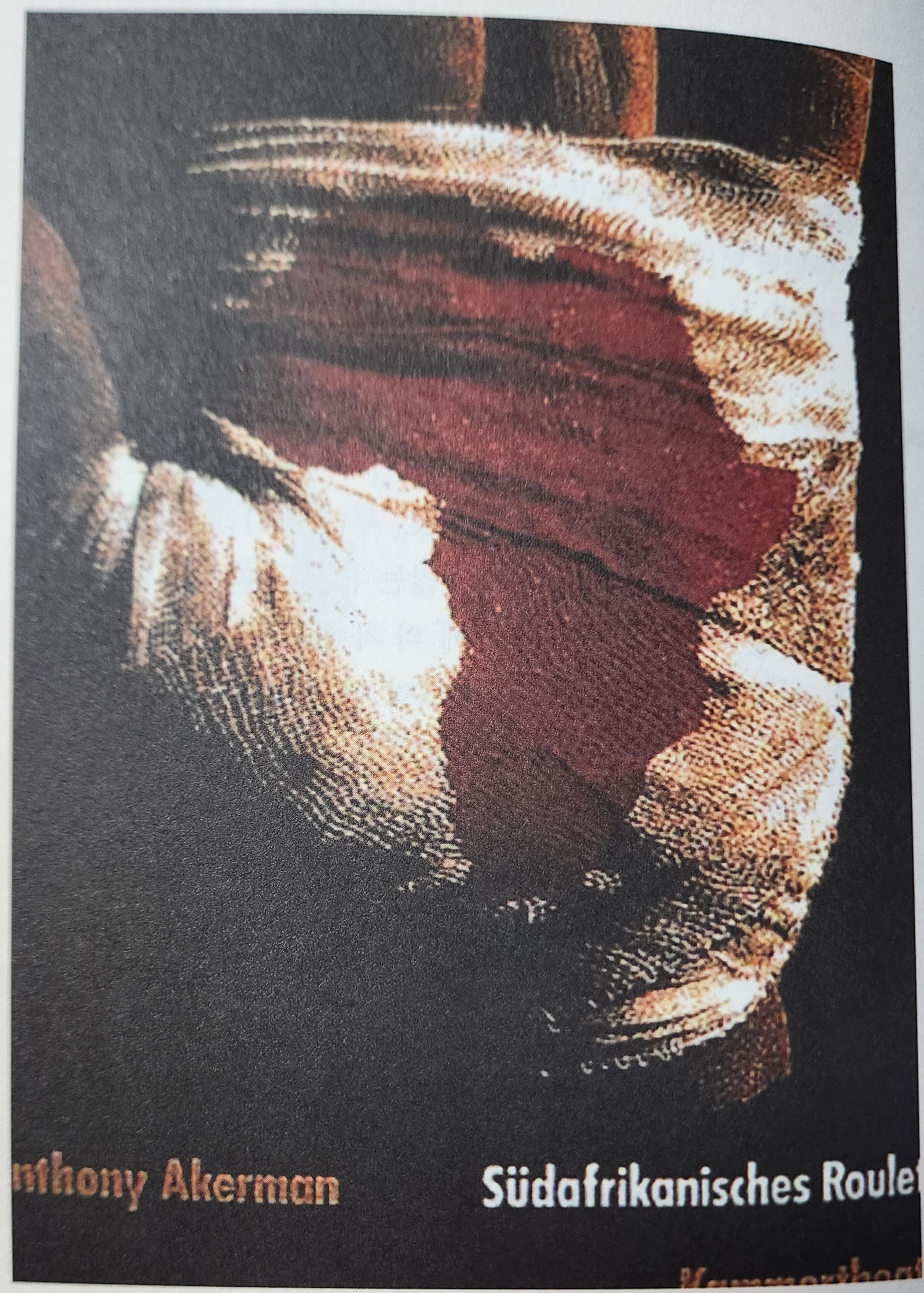 그림 1-3 <남아프리카식 룰렛> 연극 포스터. 군터 람보우(Gunter Rambow).1988년 상처 입은 손은 흔히 목격할 수 있는 일차언어적 기의를 가지고 있다. 그러나 흘린 피의 혼적을 조작함으로써 아프리카. 생명을 건 도박, 긴장 등의 이차언어(메타언어 )의 기의로 해석, 내용을 유도하고 있다.