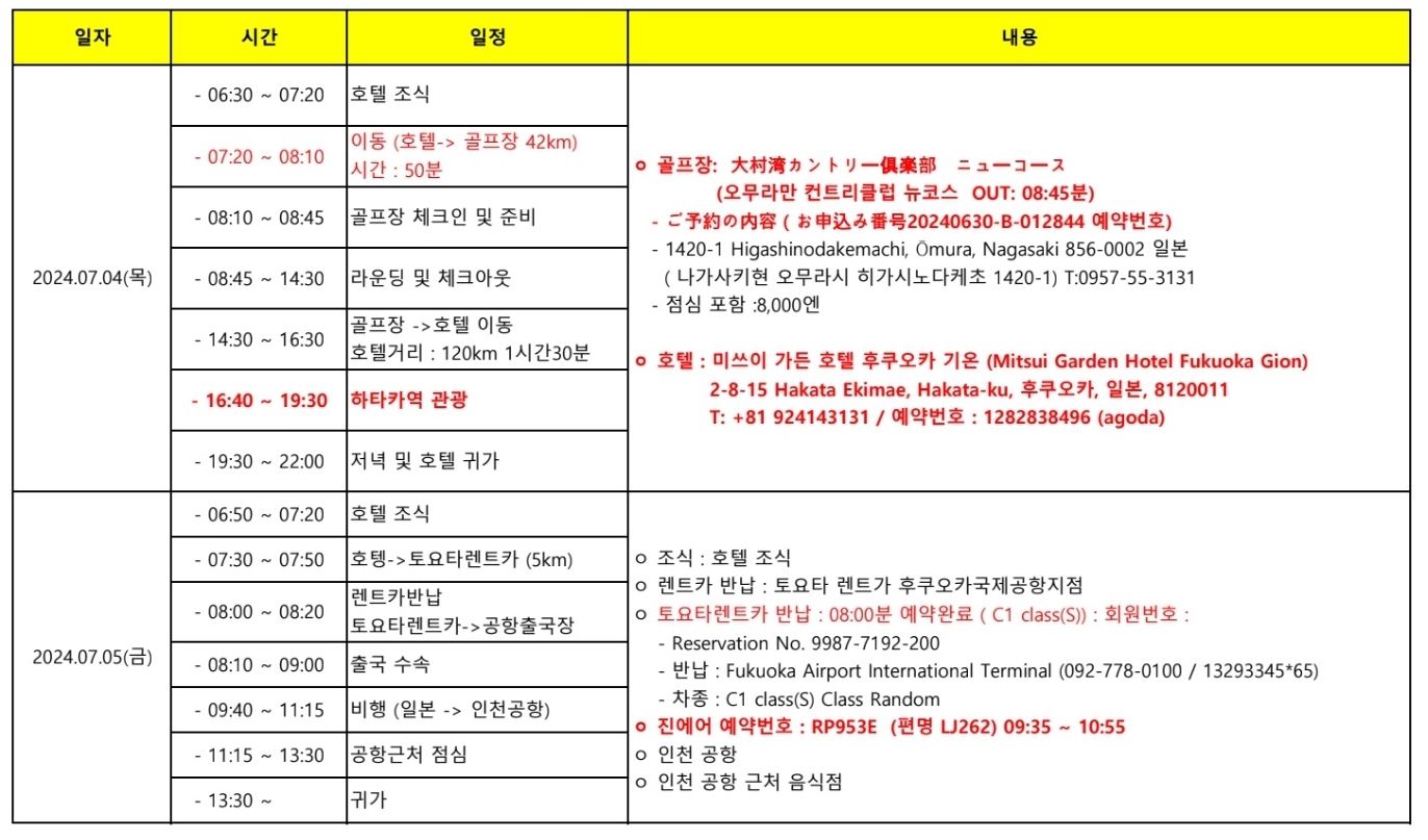 2024년 7월 일본 골프여행 셋째 넷째날 일정표
