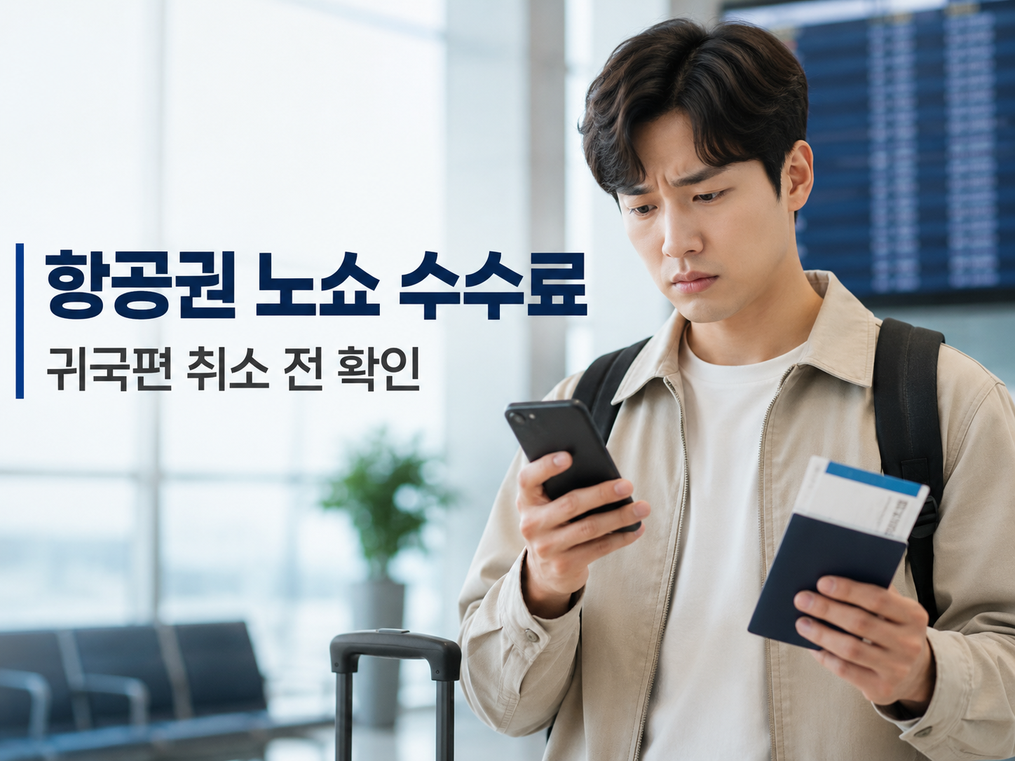 공항에서 항공권 수수료 확인하는 여행자