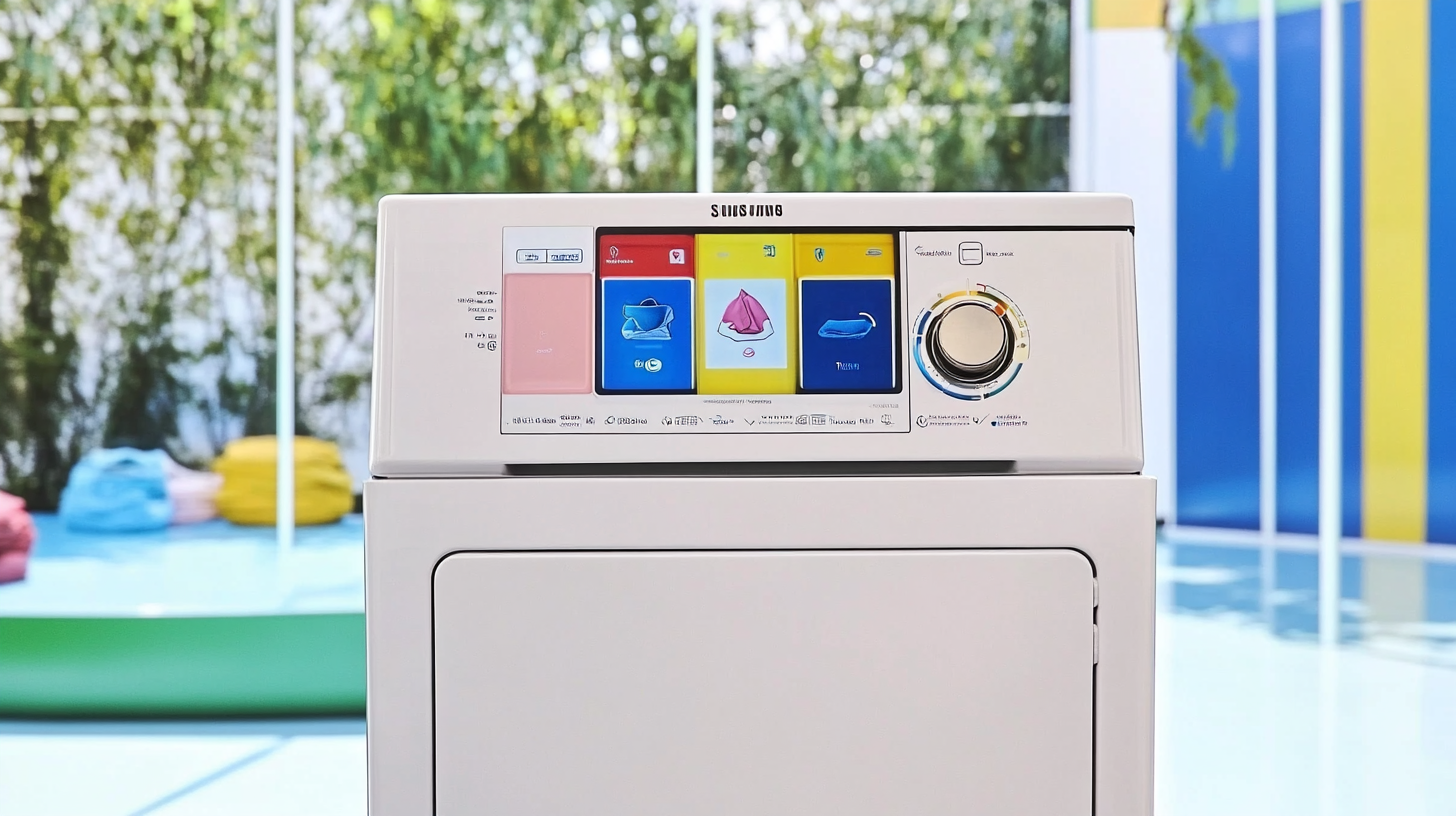 삼성 AI 콤보 세탁기의 직관적 AI 터치 컨트롤과 다양한 세탁 모드를 표시하는 생동감 있는 LCD 화면의 클로즈업 이미지.