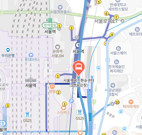 서울역버스환승센터3번승강장에서 인천공항 리무진 공항버스(6001번) 지도 위치