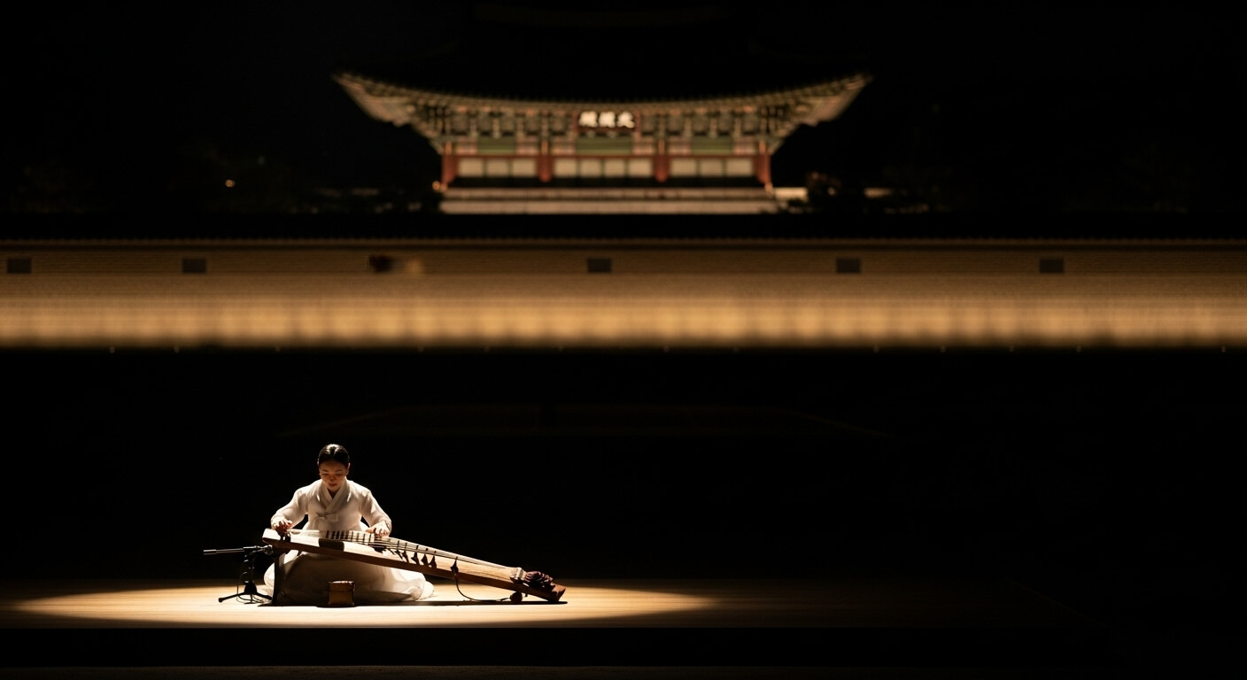 밤하늘 아래 전통 가야금을 연주하는 여성 연주자