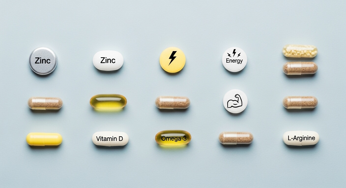 아연, 비타민D, 오메가3 등 남성 활력 증진에 필요한 핵심 영양제들이 깔끔하게 배열된 모습
