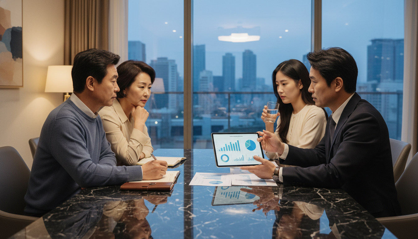세무 전문가와 함께 부동산 증여 및 상속에 대해 상담하는 한국 가족.