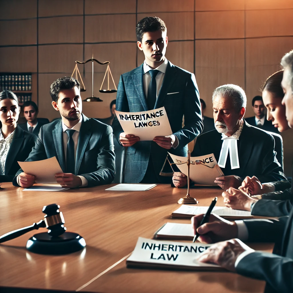 상속법 변경을 논의하는 변호사들과 판사로 구성된 법정 장면