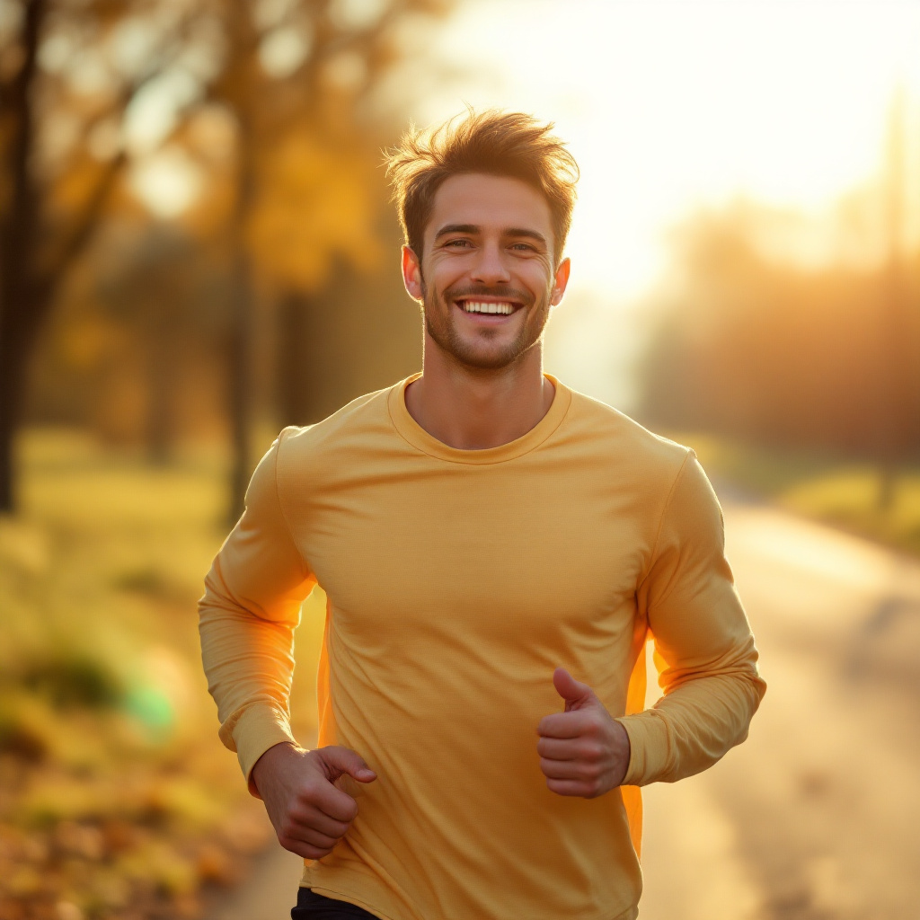 밝은 아침 햇살 아래 미소 지으며 달리는 남성, 건강하고 긍정적인 하루의 시작