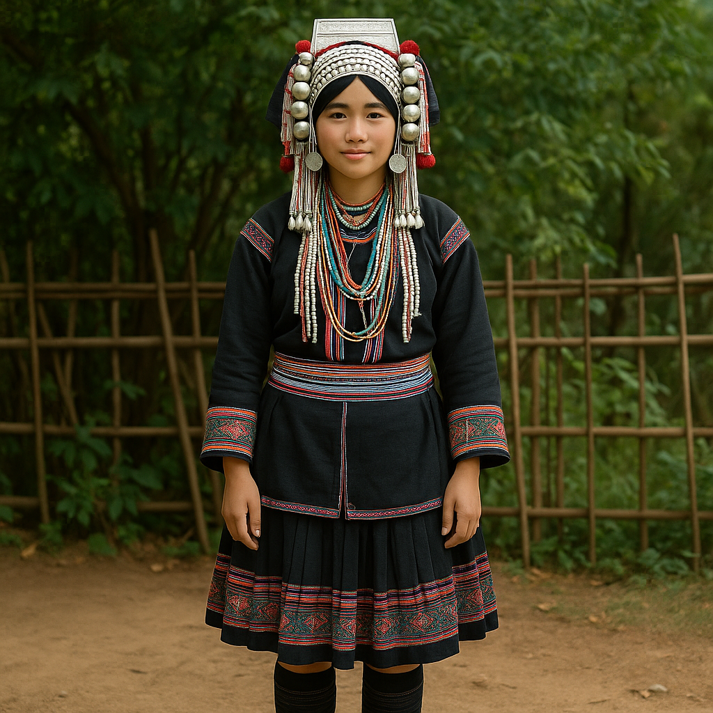 라오스 아카족의 블랙 의상과 실버 디테일