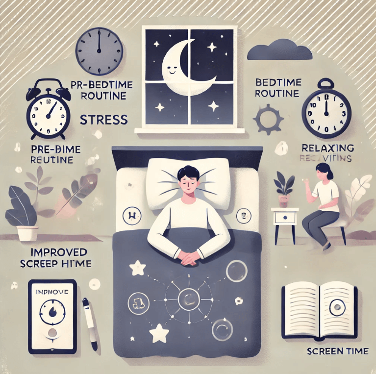 초승달 , 시계 , 편안한 활동과 같은 차분한 기호를 사용하여 스트레스가 수면에 미치는 영향과 이를 개선하기 위한 전략을 시각적으로 보여줍니다 .
