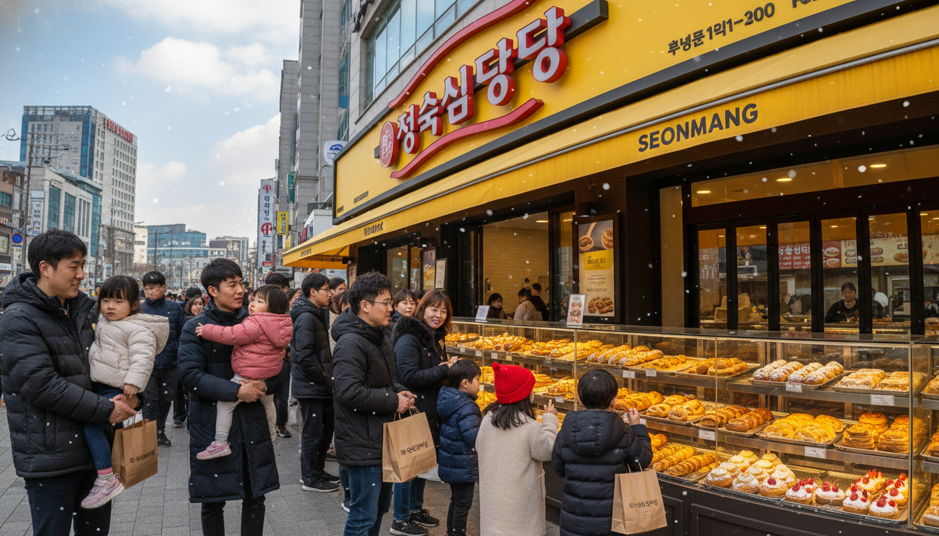 유성온천문화축제 후 성심당 본점에서 튀소구마와 부추빵 등 맛있는 빵을 고르는 가족들의 모습.