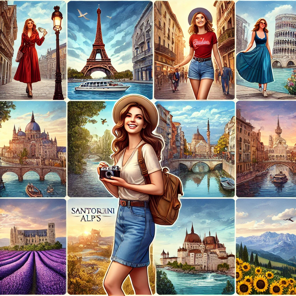 유럽의 여러도시를 여행하는 여성이미지