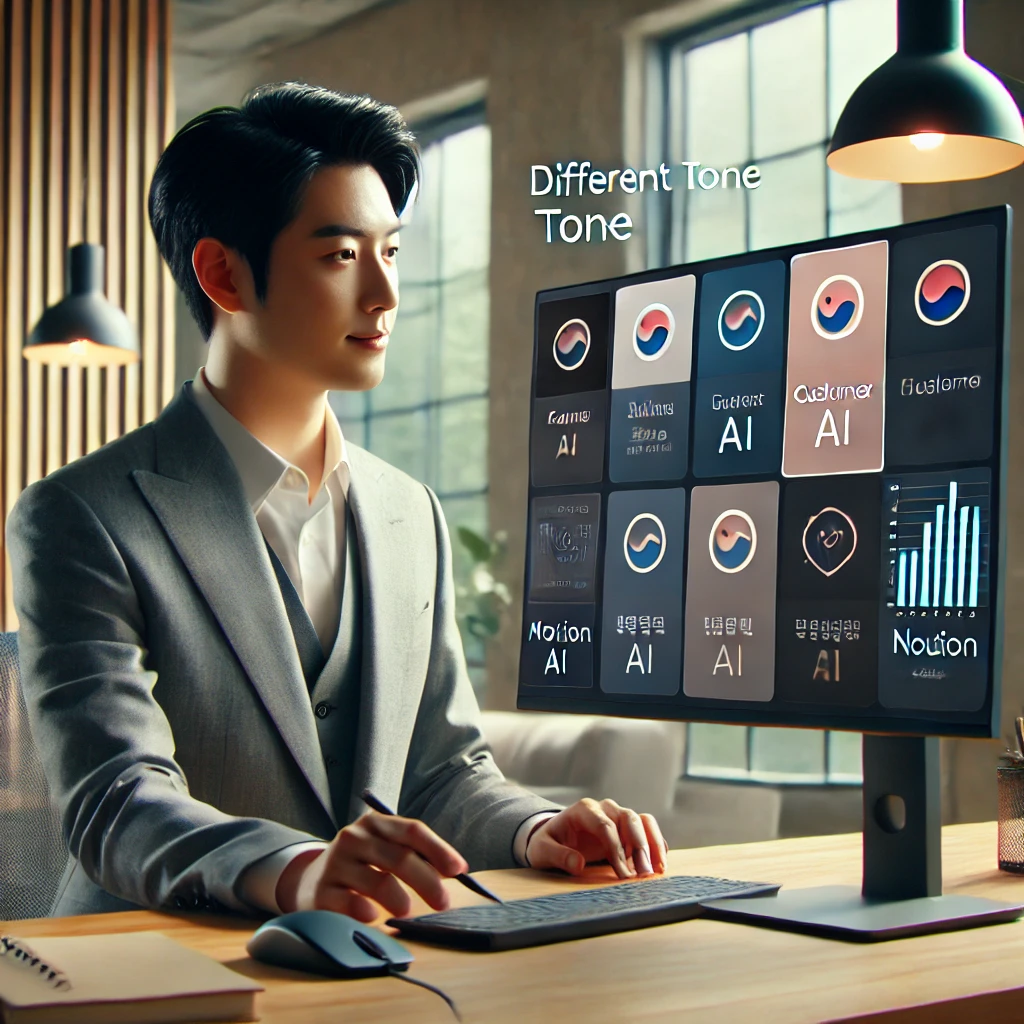 DALL·E 2025-04-08 09.45.40 - A Korean brand manager reviewing different tone options for customer communication using Notion AI on a desktop monitor. Sleek corporate office settin.webp