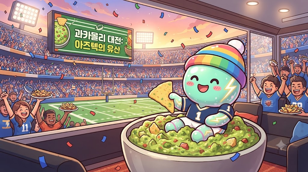 미국 슈퍼볼 경기장의 거대한 스크린 아래, 쫀쿠가 미식축구 헬멧을 쓰고 과카몰리 볼 속에 파묻혀 환호하고 있습니다. 쫀쿠 주변으로는 나초칩이 눈처럼 흩날리고, 관중석의 사람들이 모두 과카몰리 타코를 들고 응원하고 있습니다. 스크린에는 'GUACAMOLE Bowl'이라는 글자가 선명합니다.