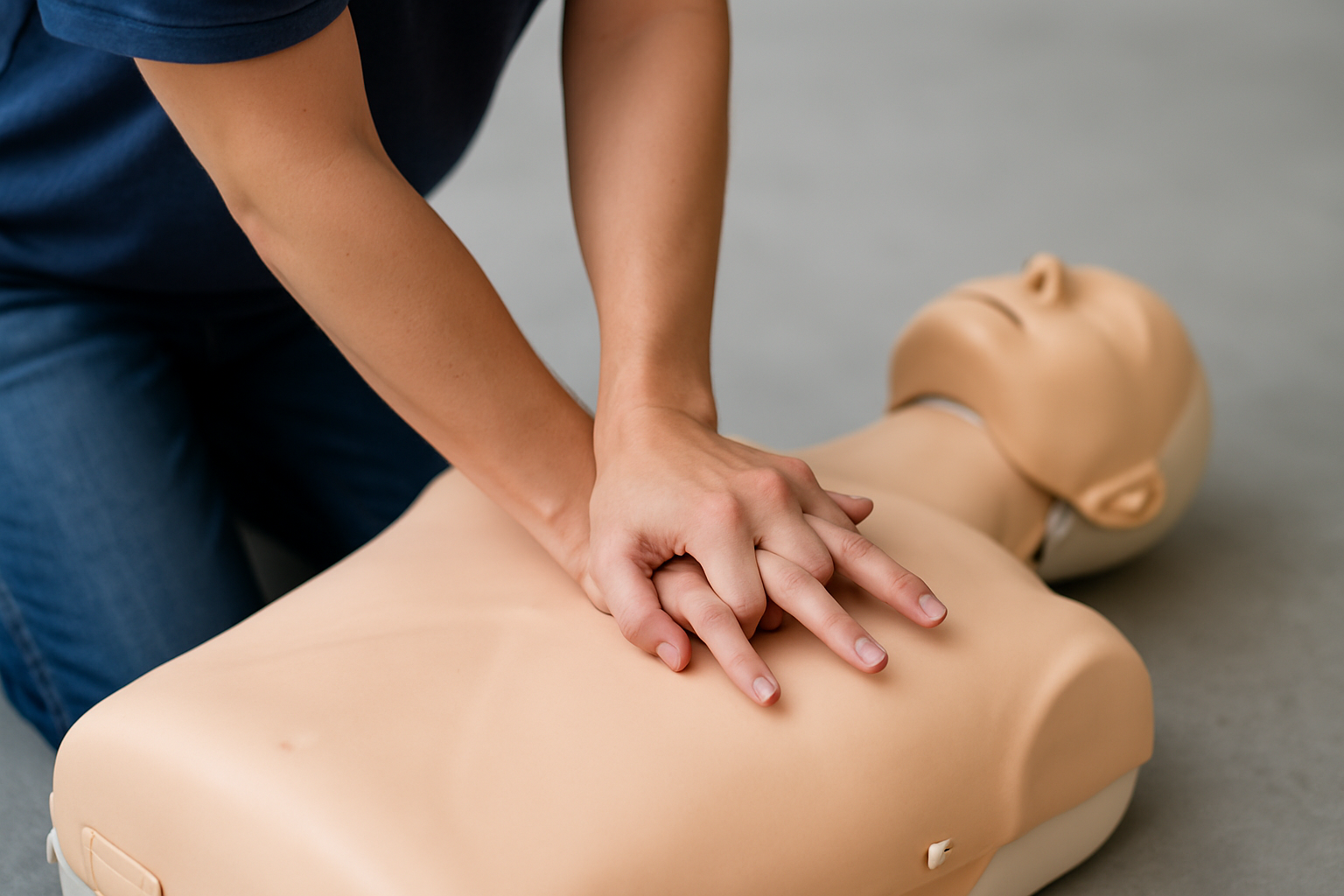 마네킨 가슴 중앙에 손을 포개어 가슴압박을 하는 모습(팔꿈치 펴고 수직 압박)