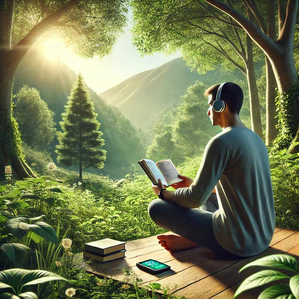 디지털 디톡스의 필요성과 정신적 안정감을 주는 숲속에서의 독서 하는 이미지