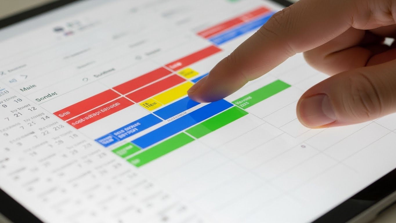 태블릿 PC 화면에 표시된 컬러 코딩된 구글 캘린더 일정 블록