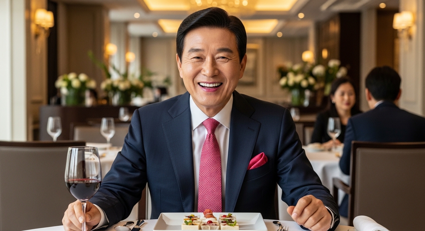 A photo of a 50-year-old Korean man with healthy gums and teeth, smiling confidently at a dining table.
