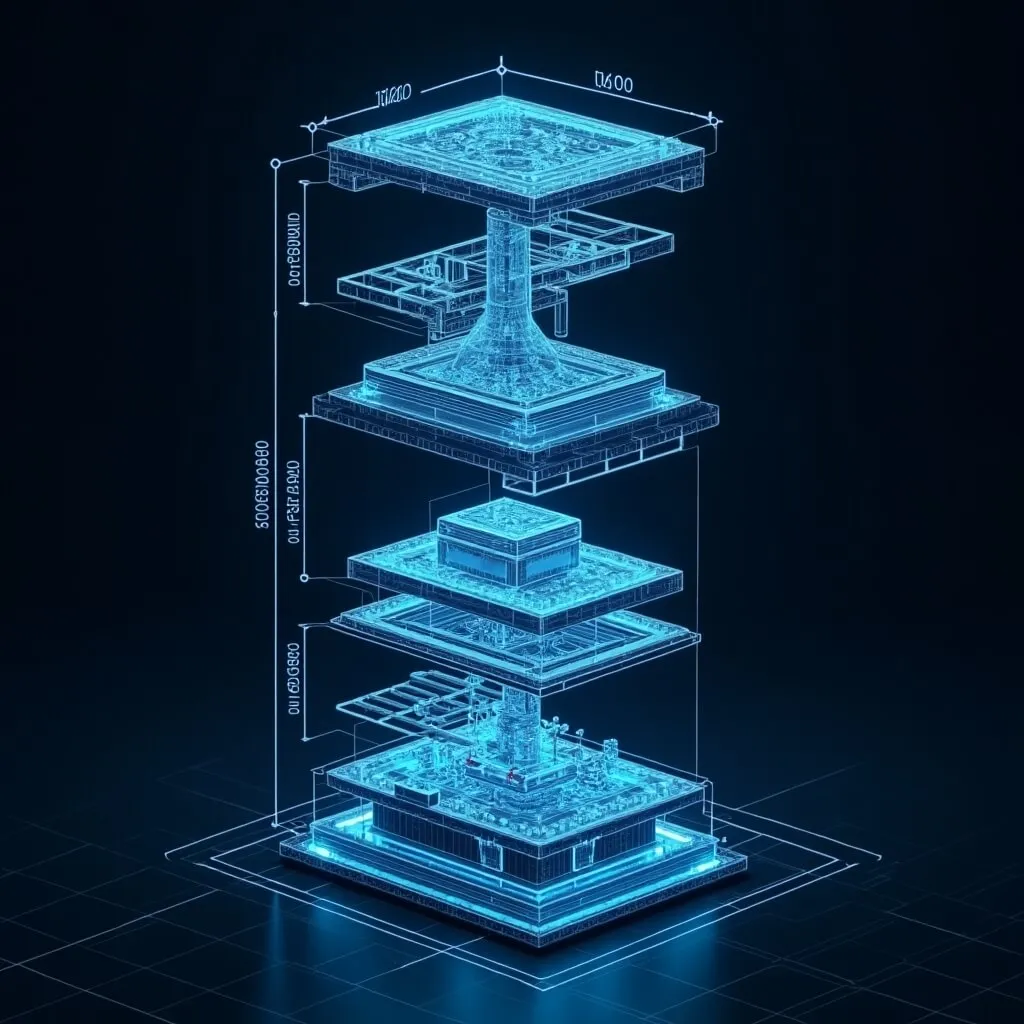 실시간 양자오류정정: 크라이오스탯(희석 냉동기) 구조를 층층이 펼친 폭발도 설계도의 고해상도 블루프린트. (dilution refrigerator cryostat exploded view)