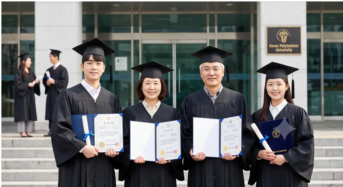 한국폴리텍대학 건물 앞에서 학사모와 졸업 가운을 입고 수료증을 든 세대별 수료생들 일러스트
