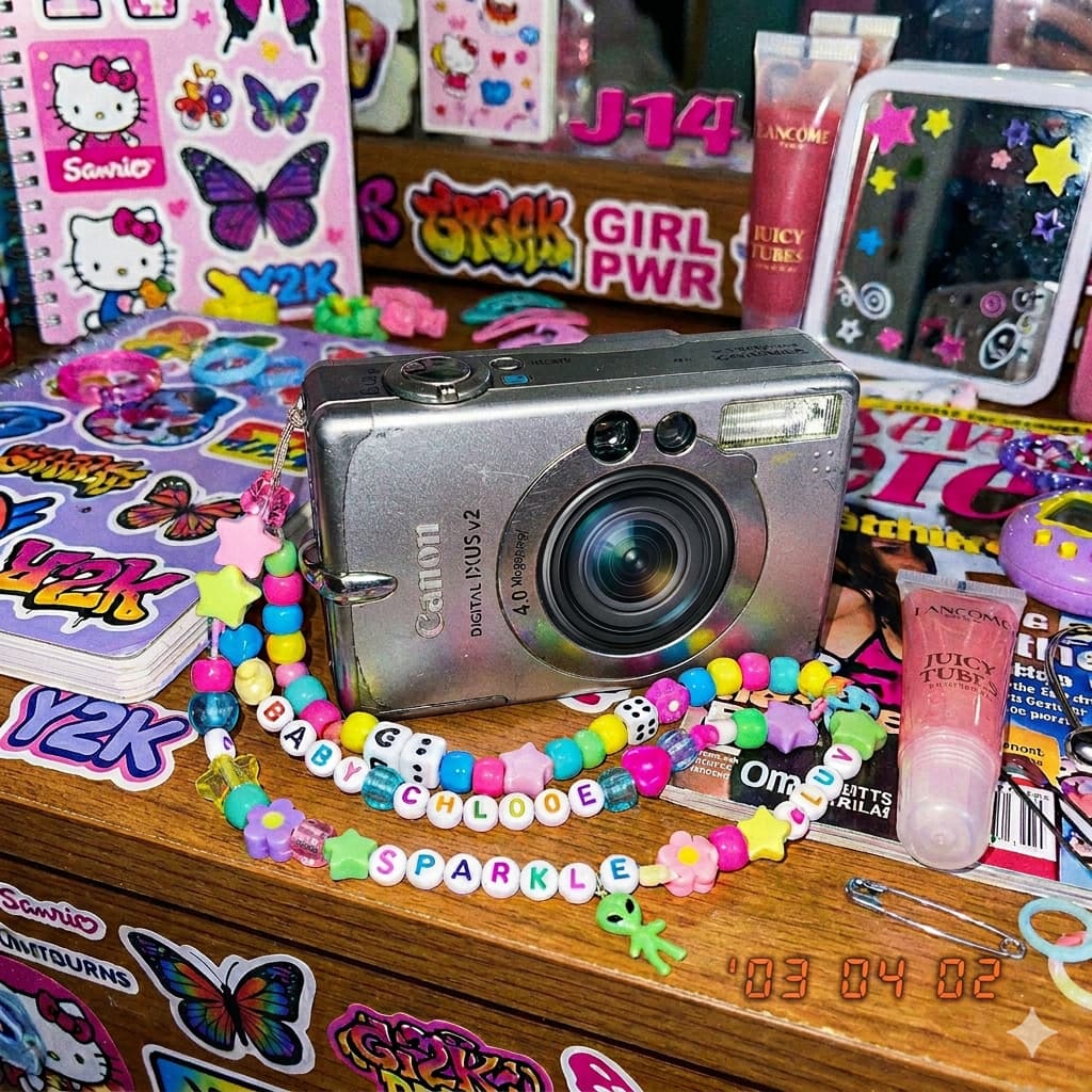 실버 컬러의 빈티지 캐논 익서스 디지털 카메라에 알록달록한 Y2K 스타일 비즈 핸드 스트랩이 연결되어 책상 위에 놓여 있는 모습.