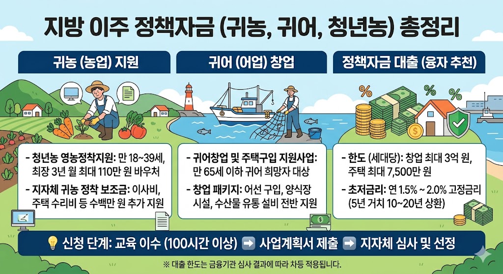 지방 이주 정책 자금 (귀농, 귀어, 청년농) 총정리'라는 제목 아래 세 개의 주요 카테고리를 직관적인 아이콘으로 설명하는 인포그래픽 이미지입니다. 왼쪽의 '귀농 (농업) 지원' 섹션은 청년농 영농 정착 지원금(월 최대 110만 원 바우처)과 지자체 귀농 보조금 정보를 담고 있습니다. 중앙의 '귀어 (어업) 창업' 섹션은 만 65세 이하 귀어 희망자를 위한 창업 패키지 및 주택 구입 지원을 설명합니다. 오른쪽의 '정책 자금 대출 (융자 추천)' 섹션은 세대당 창업 최대 3억 원, 주택 최대 7,500만 원 한도와 연 1.5%~2.0%의 초저금리 조건을 시각화했습니다. 하단에는 '신청 단계: 교육 이수 ➡️ 사업 계획서 제출 ➡️ 지자체 심사 및 선정' 프로세스가 명시된 티스토리 SEO 최적화 이미지입니다.