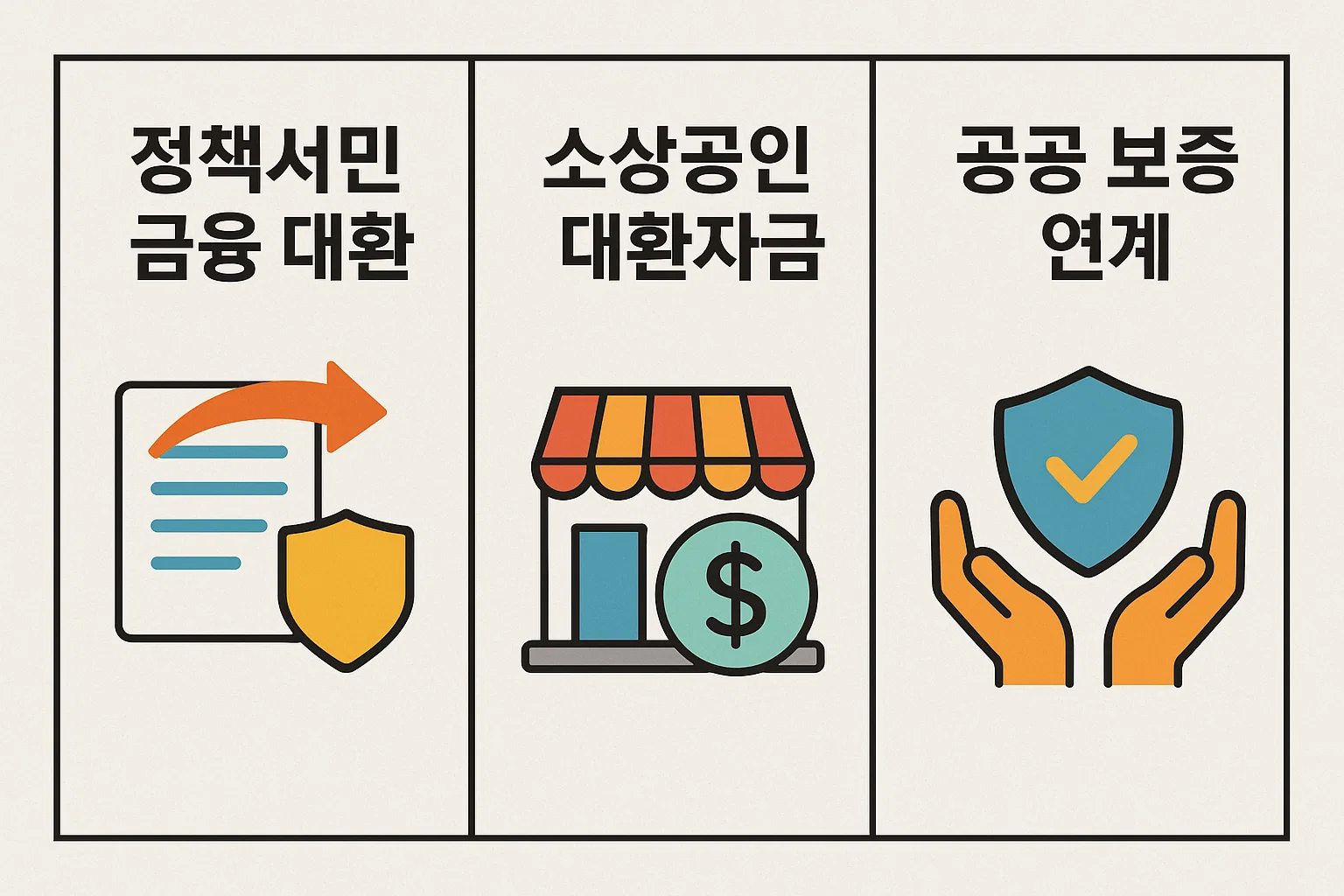 정부지원 채무통합 대환대출 중 정책서민금융 대환, 소상공인 대환자금, 공공 보증 연계 방식의 차이와 대상 조건을 비교해 설명한 이미지입니다