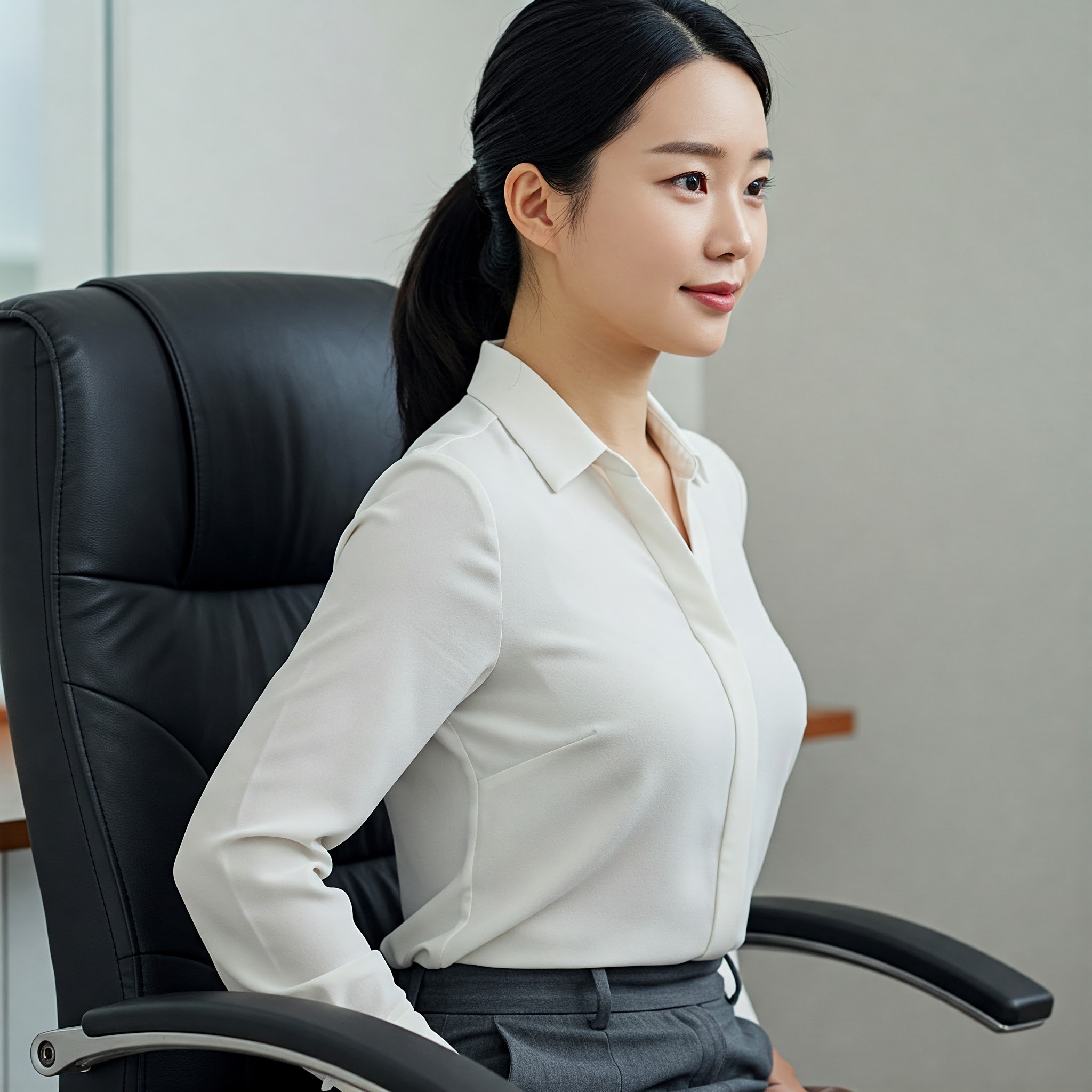 올바른 자세로 앉아 있는 여성.