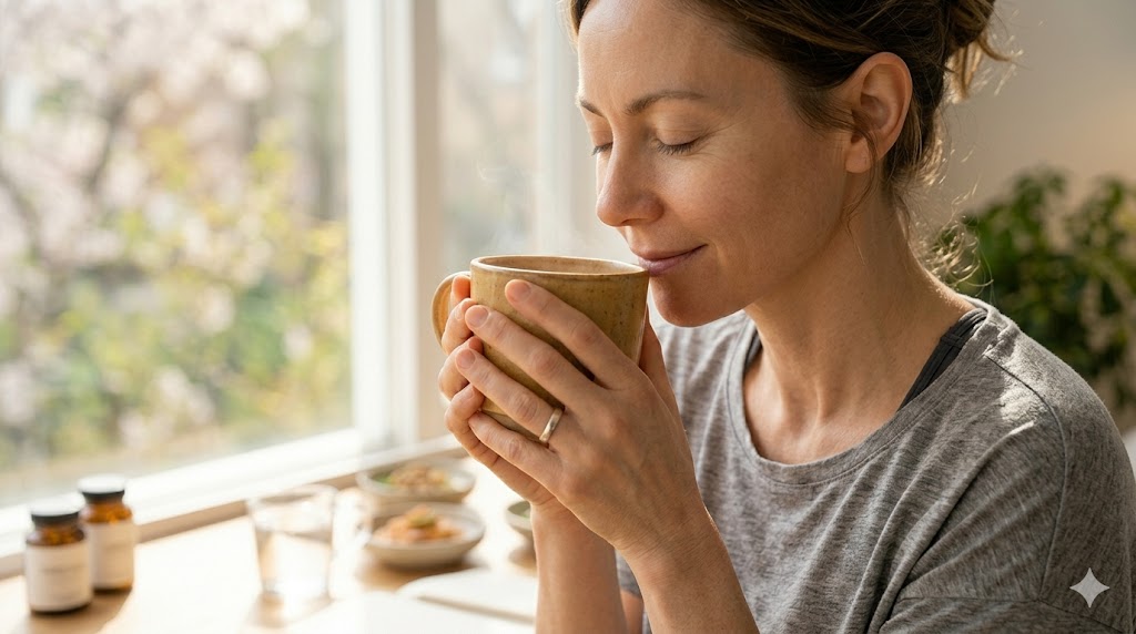 "한 여성이 두 손으로 따뜻한 물컵을 감싸 쥐고 평온한 표정으로 물을 한 모금 마시는 상반신 컷. 체온과 비슷한 물을 마셔 잠든 장기를 부드럽게 깨우는 건강한 습관을 보여주는 사진."
