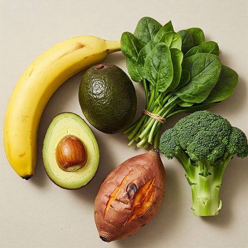 바나나, 아보카도, 고구마, 시금치, 브로콜리