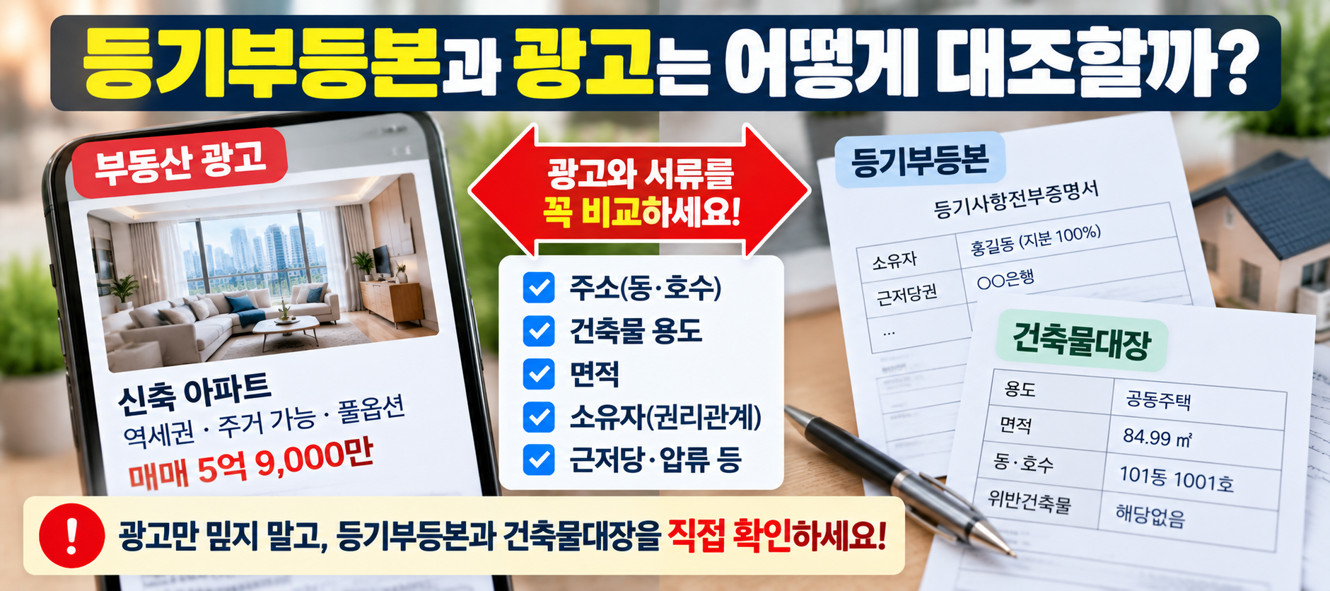 부동산 광고와 등기부등본·건축물대장 대조 확인 이미지