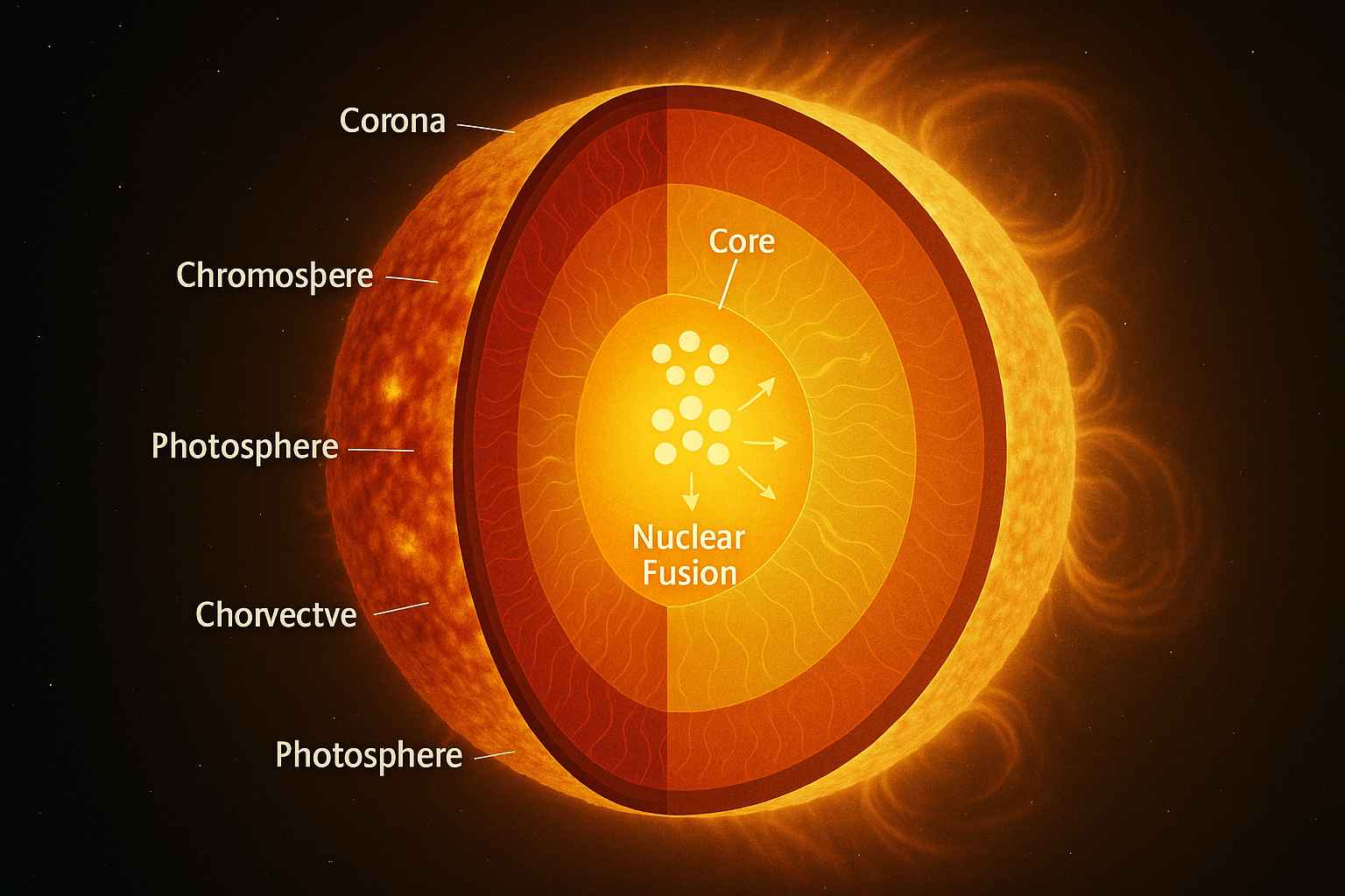 태양 내부 구조와 핵융합 과정을 단면도로 표현한 이미지