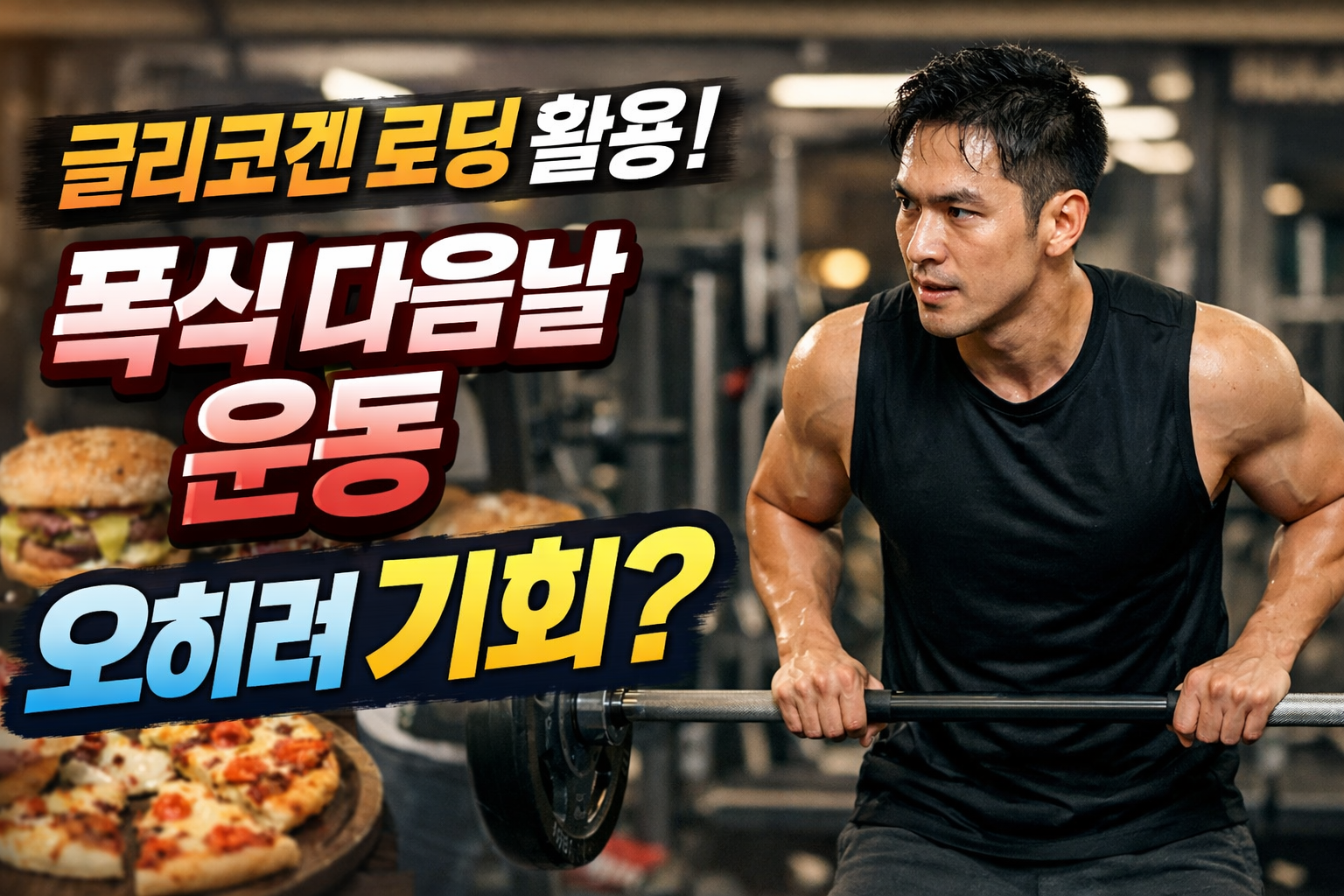 치팅데이 폭식 다음날 글리코겐 로딩 상태에서 웨이트 트레이닝을 하는 남성 헬스장 실사 이미지