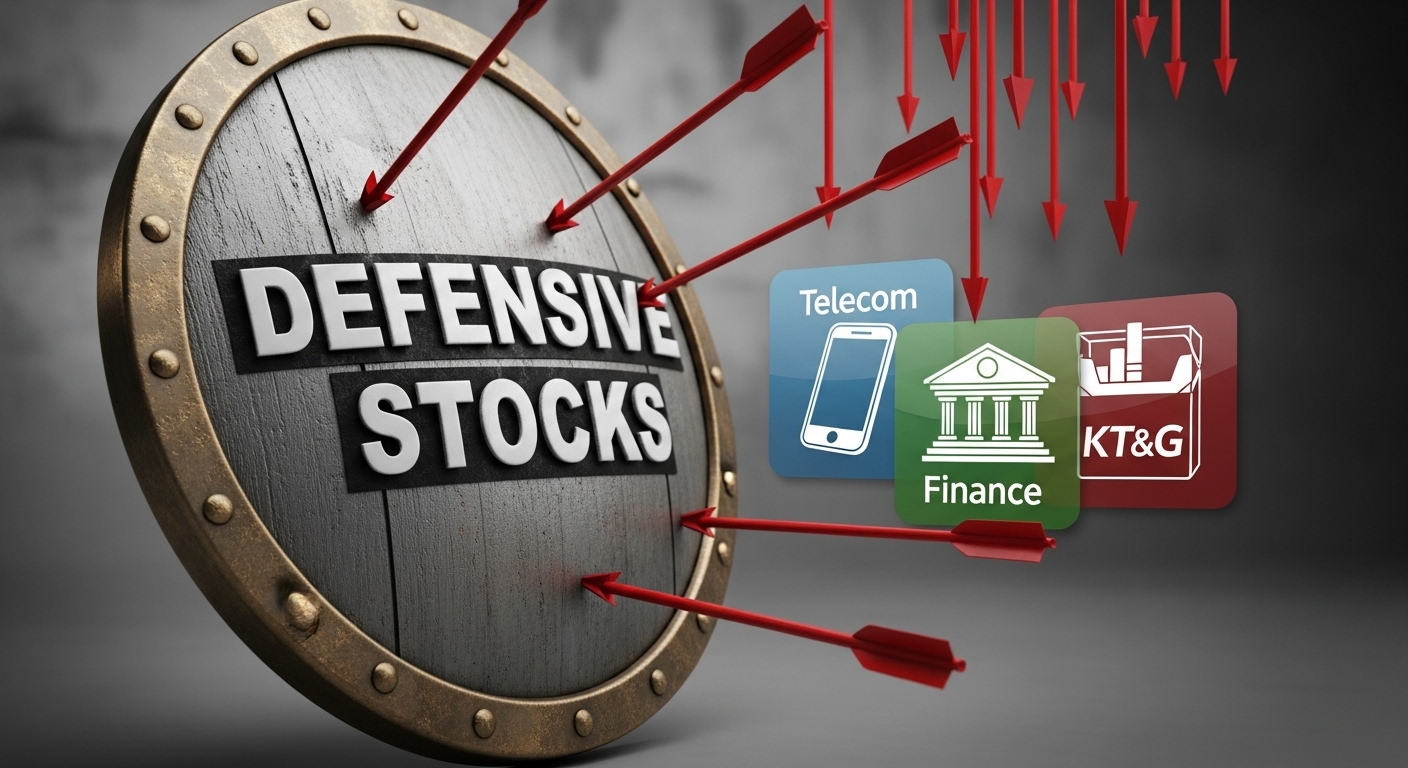 휴대폰(통신), 담배(KT&G), 은행(금융) 등 방어주 아이콘이 방패(Shield) 뒤에 안전하게 있는 모습