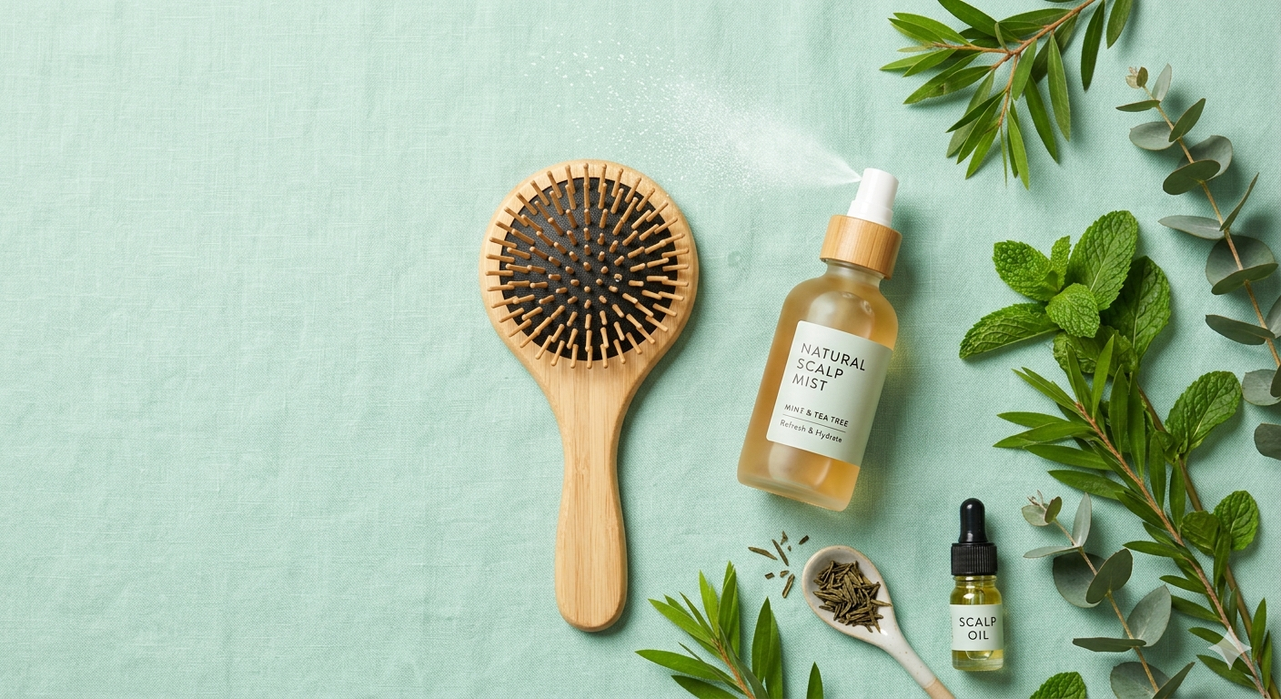 natural scalp care items arranged beautifully on a soft mint green background