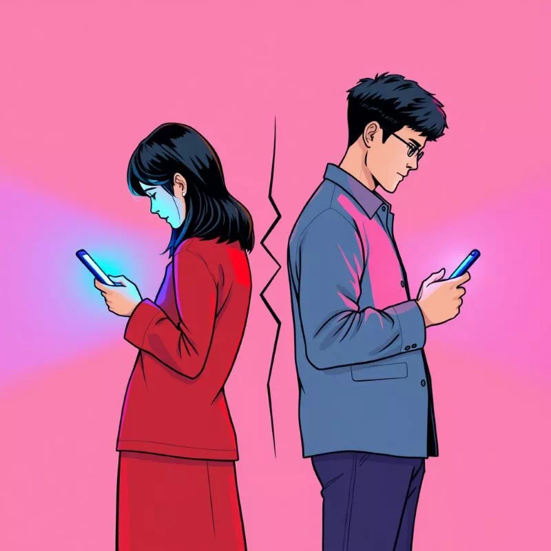 서로 등을 돌린 채 각자 다른 색(파란색, 빨간색)의 빛을 내는 스마트폰을 보는 남녀, 그들 사이의 공간이 갈라진 것처럼 표현되어 정치 성향 차이로 인한 단절을 암시
