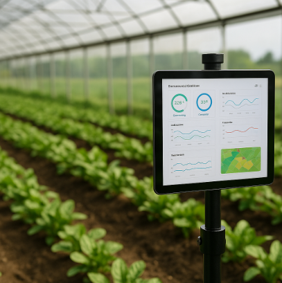 온실 내부에서 태블릿이 농장 환경 데이터를 실시간으로 표시하는 모습