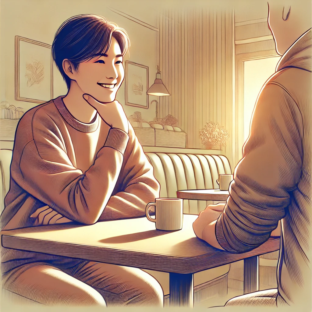 카페에서 누군가와 미소를 주고받으며 자연스럽게 대화를 시작하는 사람, 현실적인 플러팅을 상징