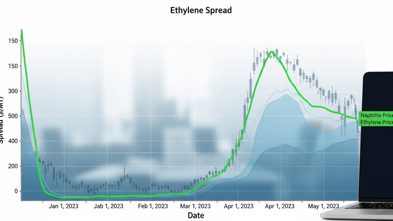 A financial chart showing the 'Ethylene Spread' line dipping low and then starting to curl upwards, indicating a rebound signal.
