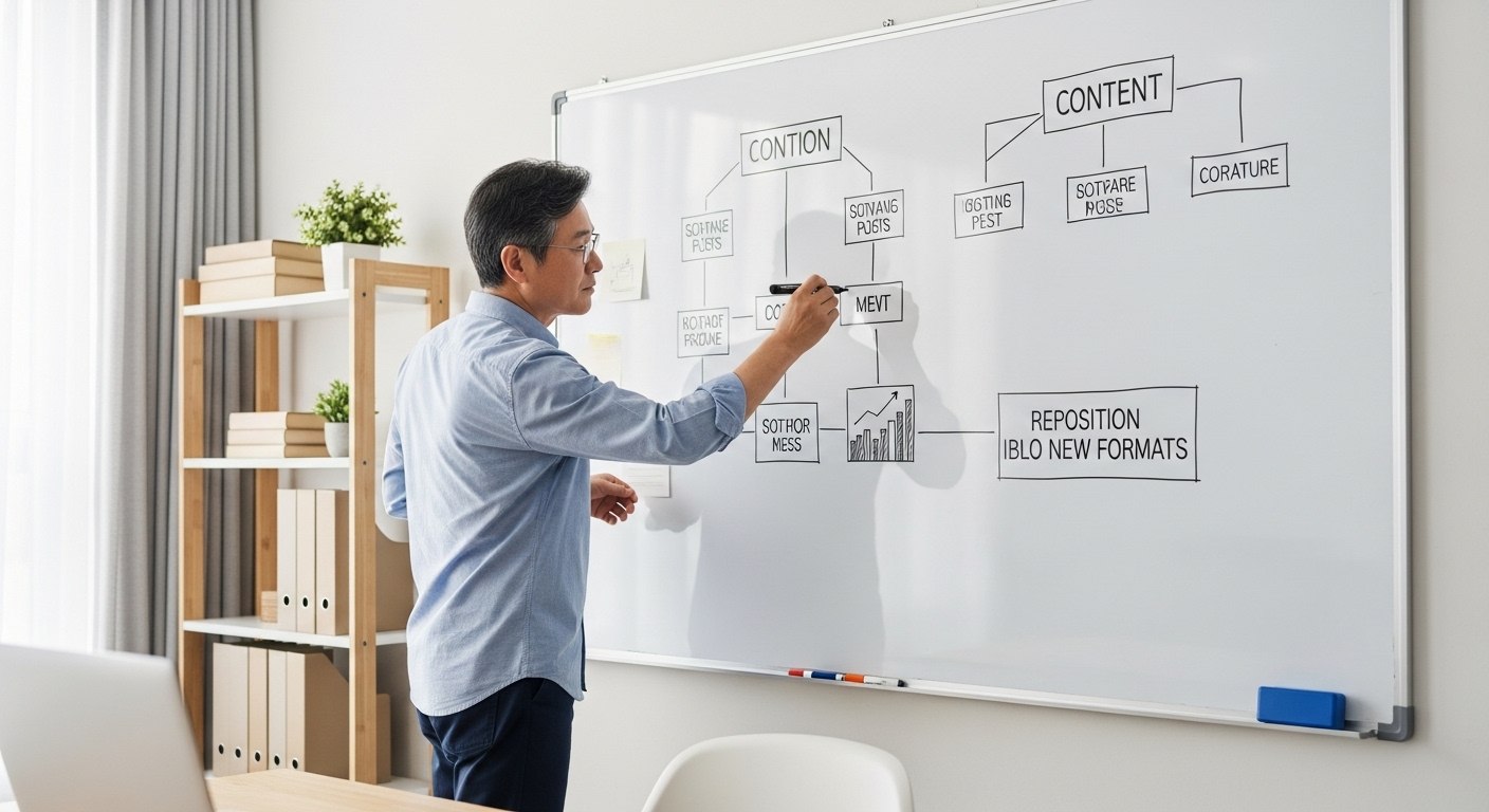 콘텐츠 구조를 스케치하는 중년 남성