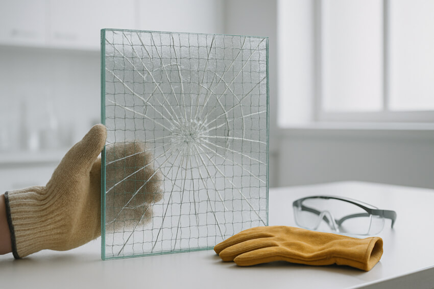 망입유리 안정성을 시험하고 있는 모습