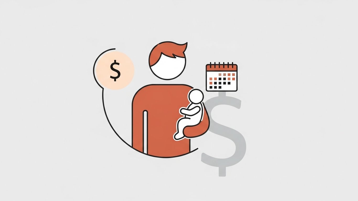 아빠가 아이와 함께하는 모습과 돈, 달력이 그려진 깔끔한 일러스트. 육아휴직과 지원금을 상징합니다.