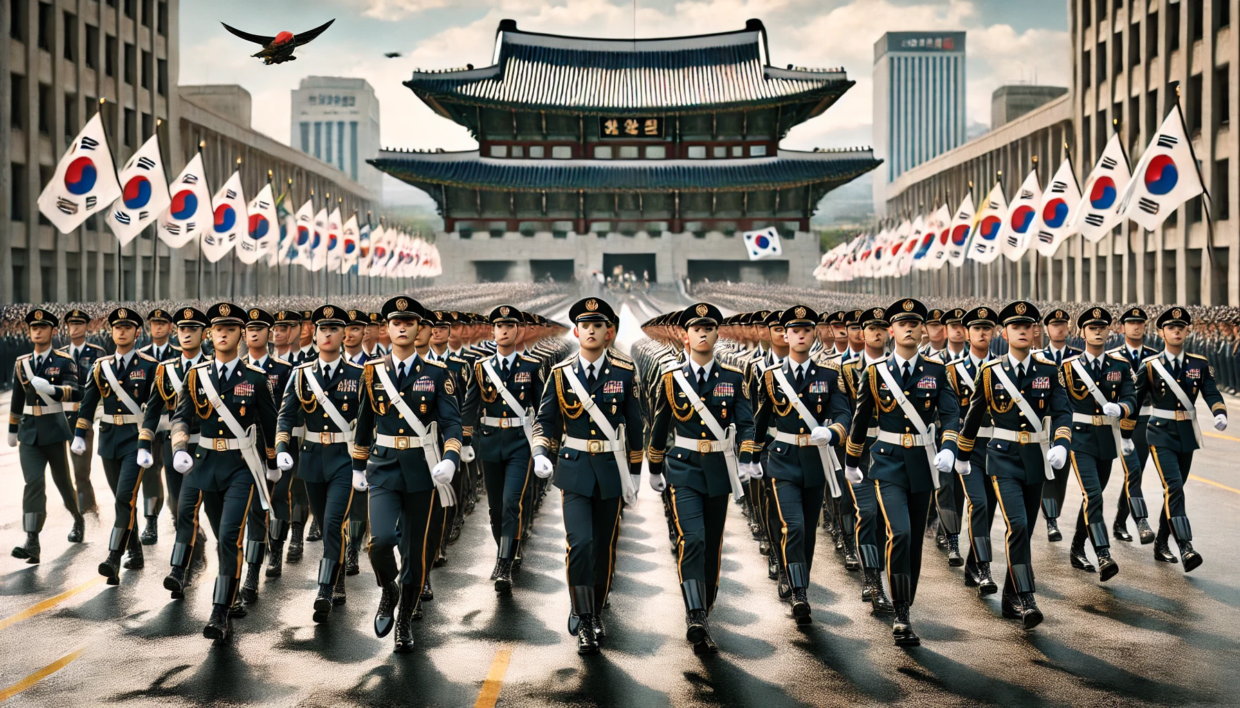육군사관학교 생도들이 퍼레이드하는 힘찬 장면