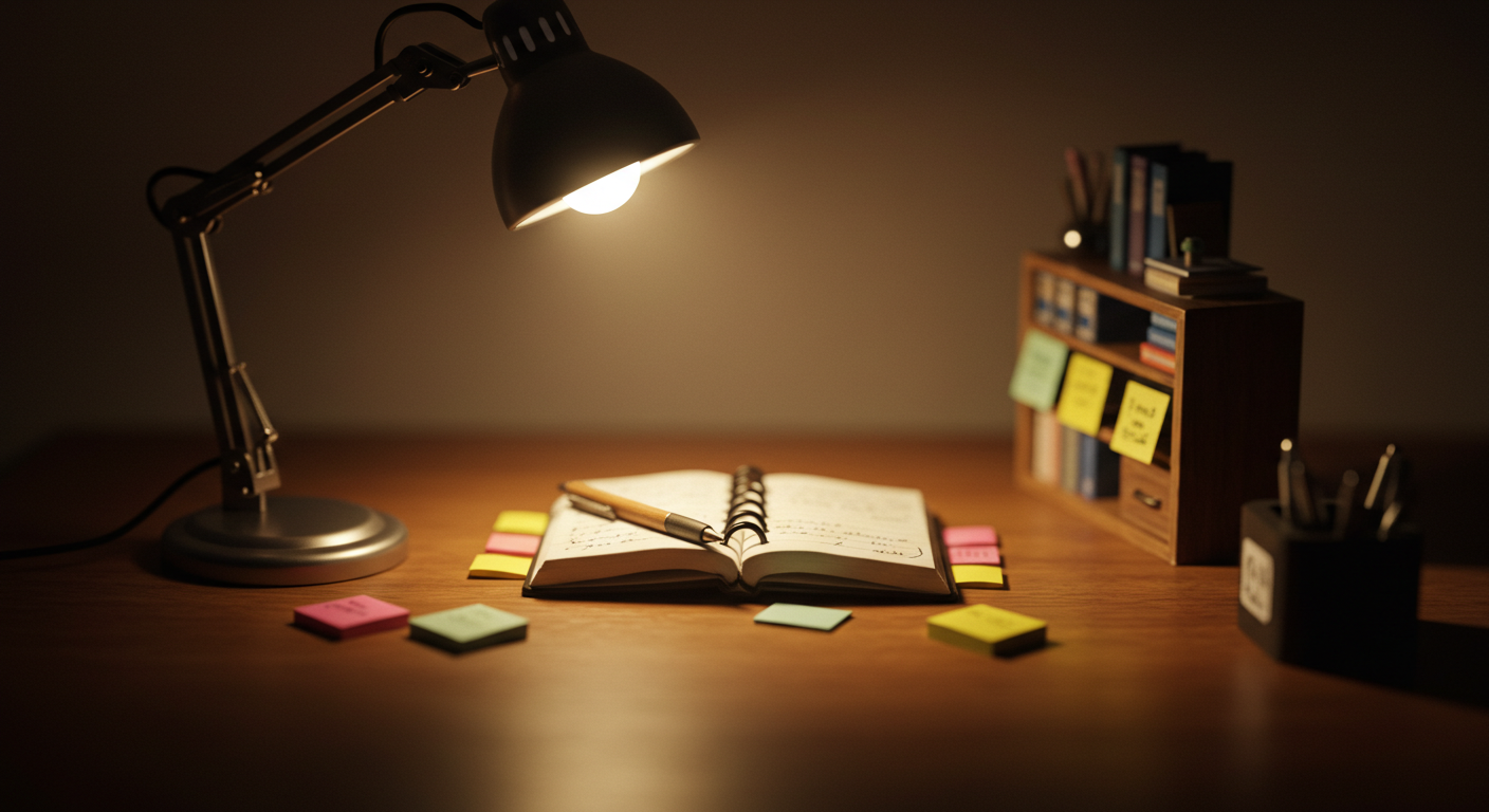 미니어처 다이어리와 작은 펜, 포스트잇이 틸트쉬프트로 촬영된 대표 이미지