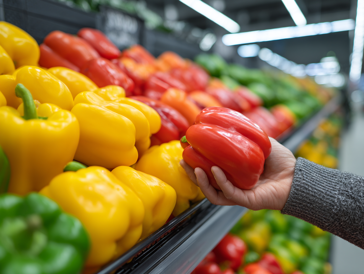 마트에 진열된 다양한 파프리카를 고르는 모습