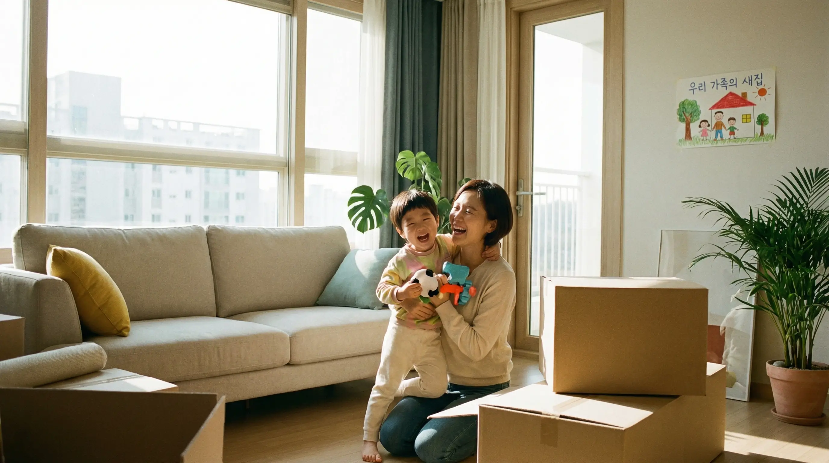 깨끗하고 아늑한 새집으로 이사하여 아이와 함께 환하게 웃고 있는 한부모 가족의 행복한 모습