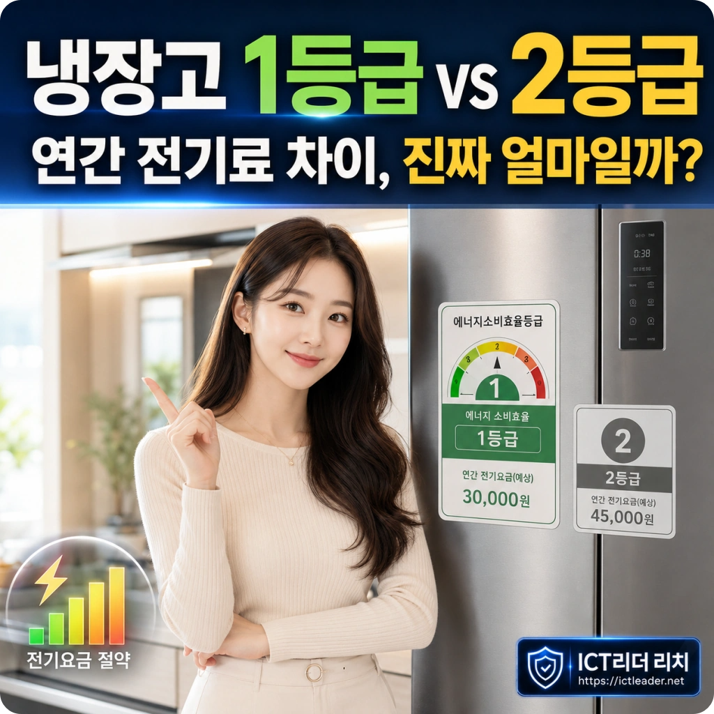 냉장고 1등급과 2등급의 연간 전기료 차이를 비교하는 여성 모델과 에너지소비효율등급 라벨이 포함된 대표 썸네일