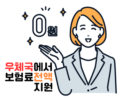 무배당 우체국 대한민국 엄마보험 2309 IN 홍보 사진. 정사각형 안에 우측에 단발머리의 여성 1명이 오른손으로 얼굴 우측에 떠있는 '0원'을 받치고 있고, 여성의 오른손아래에 '우체국에서 보험료 전액 지원'이란 지원내용이 적혀있다.