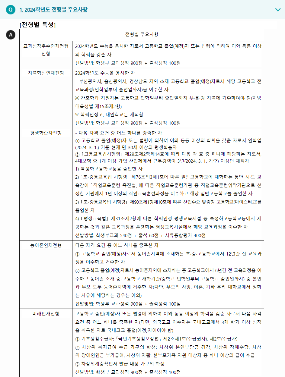 2024학년도 부경대학교 학생부교과전형 전형별 주요사항