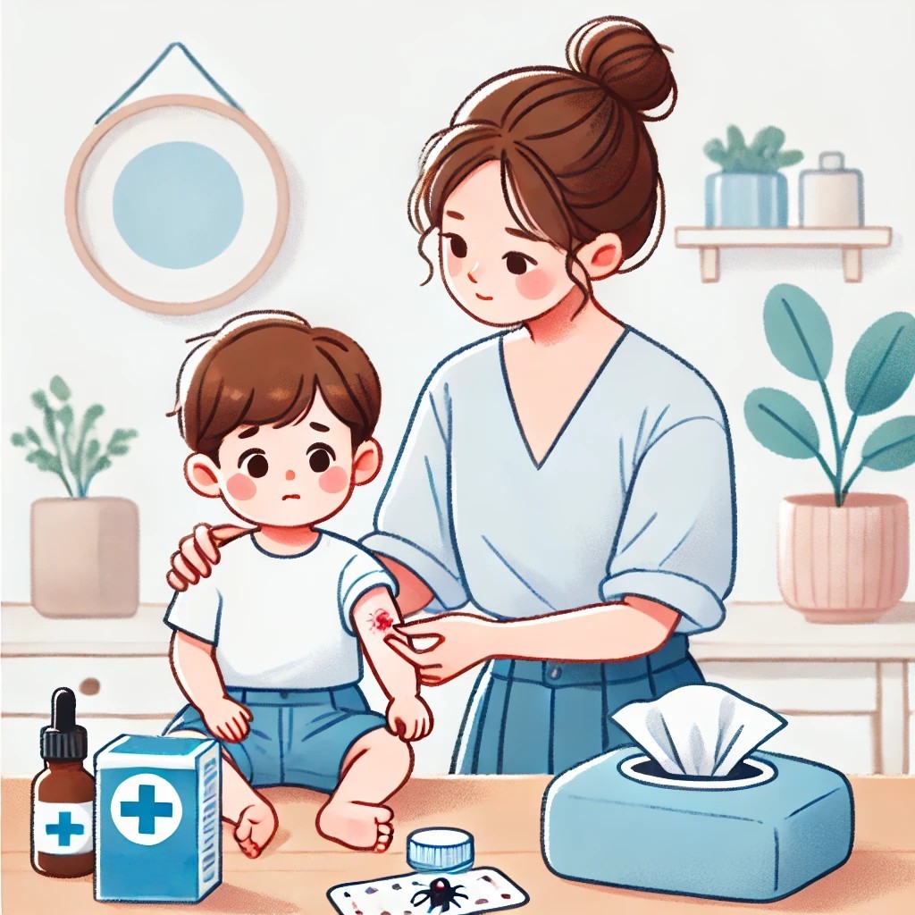 벌레에 물린 아기에게 약을 발라주는 사진