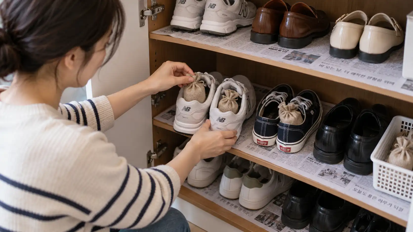 신발장 칸에 신문지를 깔고 베이킹소다 삼베 주머니를 넣어 습기와 냄새를 잡는 모습